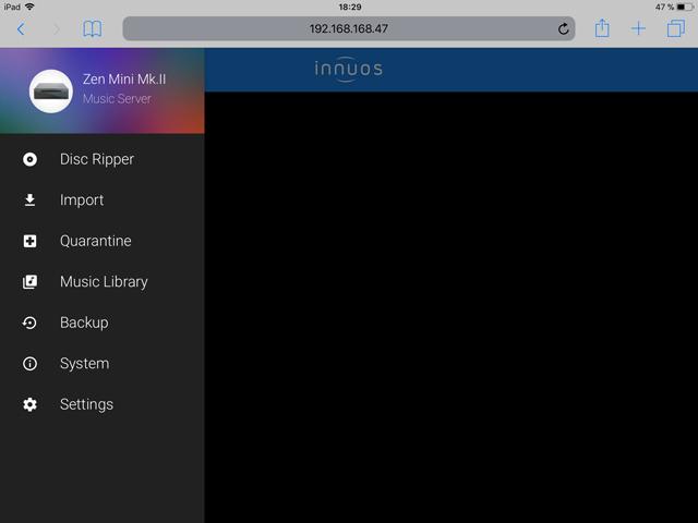 innuos musikserver dashboard menue