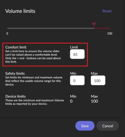 roon lautstaerkenbegrenzung komfort grenzwerte