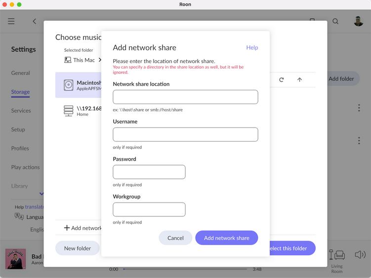 roon musik import nas netzwerkfreigabe hinzufuegen
