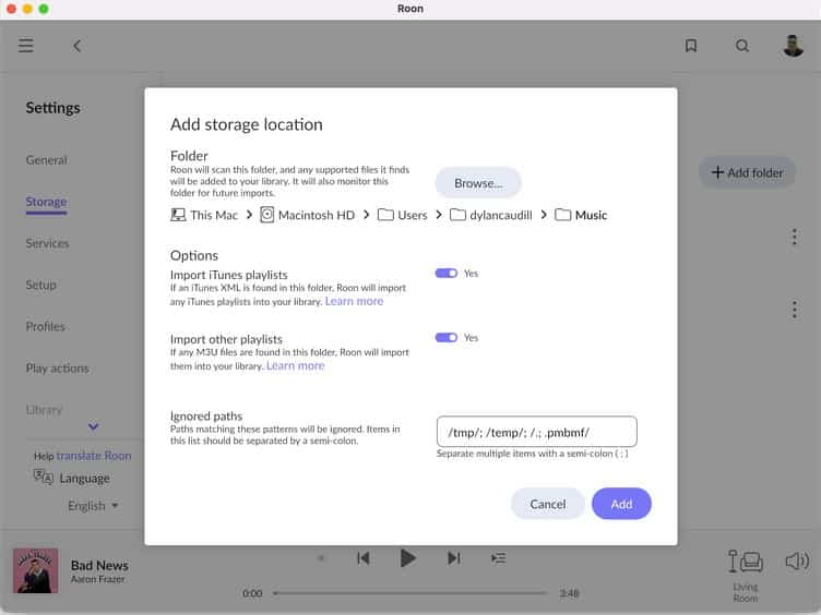roon watchedfolder storage folder standort