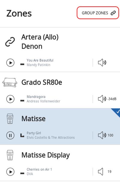 roon musikserver zone picker ansicht zonen gruppieren